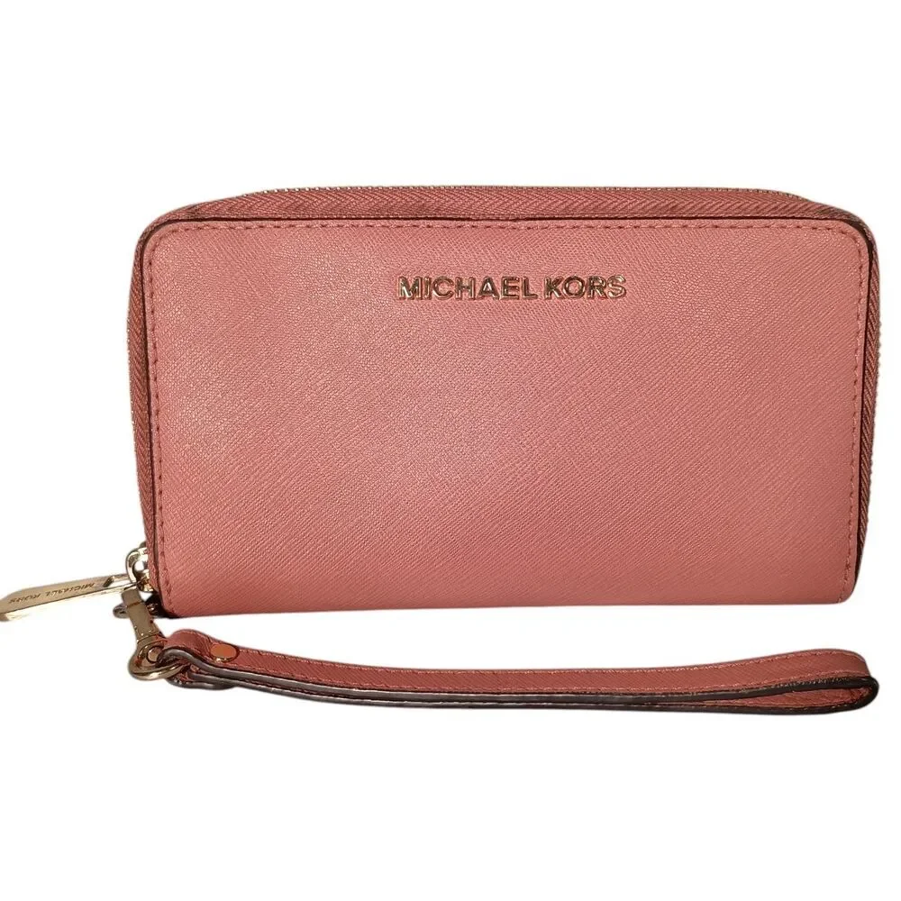 Michael Kors Jet Wallet Womens Mauve Leather Zip-Around Credit Card Solid Logo